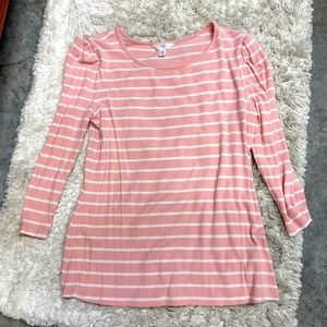 Pink and white striped top, lightweight three-quarter sleeves